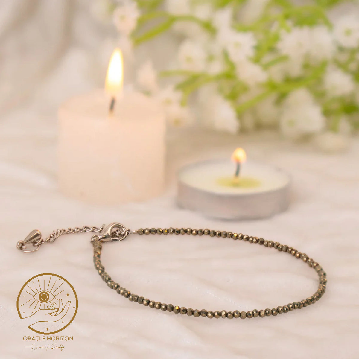 Oracle Horizon – Raw Pyrite Abundance Combo ✨ Pyrite Anklet + Raw Pyrite Stone | FREE Selenite Cleansing Tray