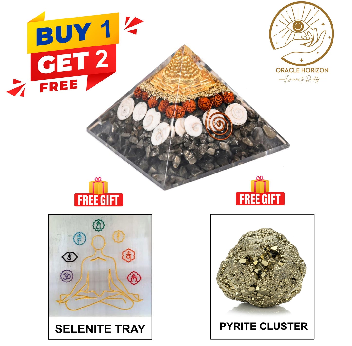 Money Magnet Energy Set | Buy 1 Get 2 FREE: Money Magnet Pyramid + FREE Pyrite Cluster ; Selenite Tray