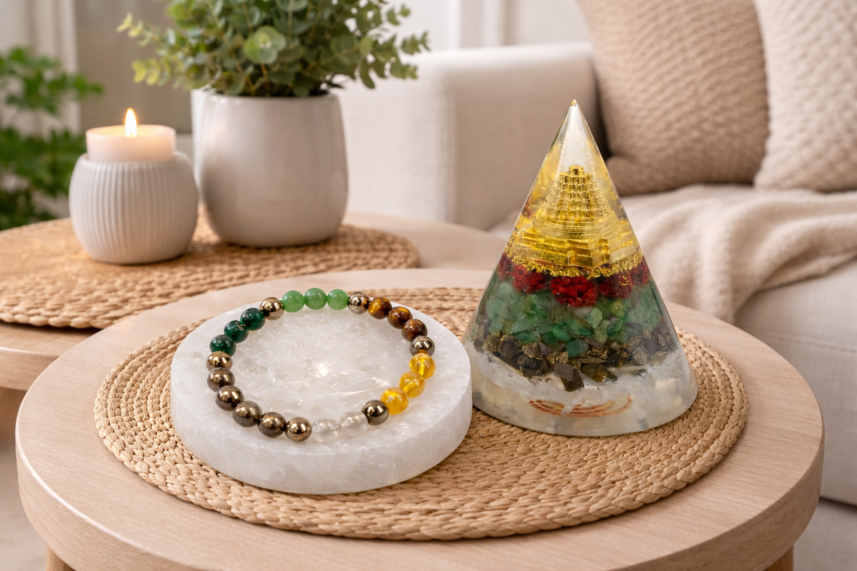 Dhanyog Wealth Harmony Combo (Dhanyog Bracelet + Money Magnet Cone Pyramid + Raw Selenite Tray)
