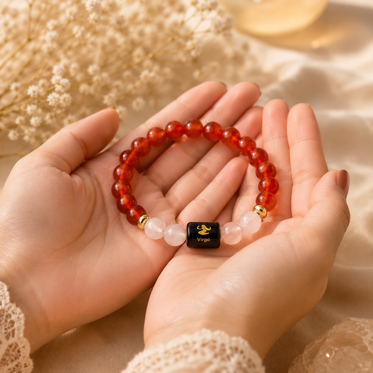 Virgo (कन्या राशि) Zodiac Carnelian & Milky Quartz Bracelet (Bracelet + Free Raw Selenite Tray/Plate)