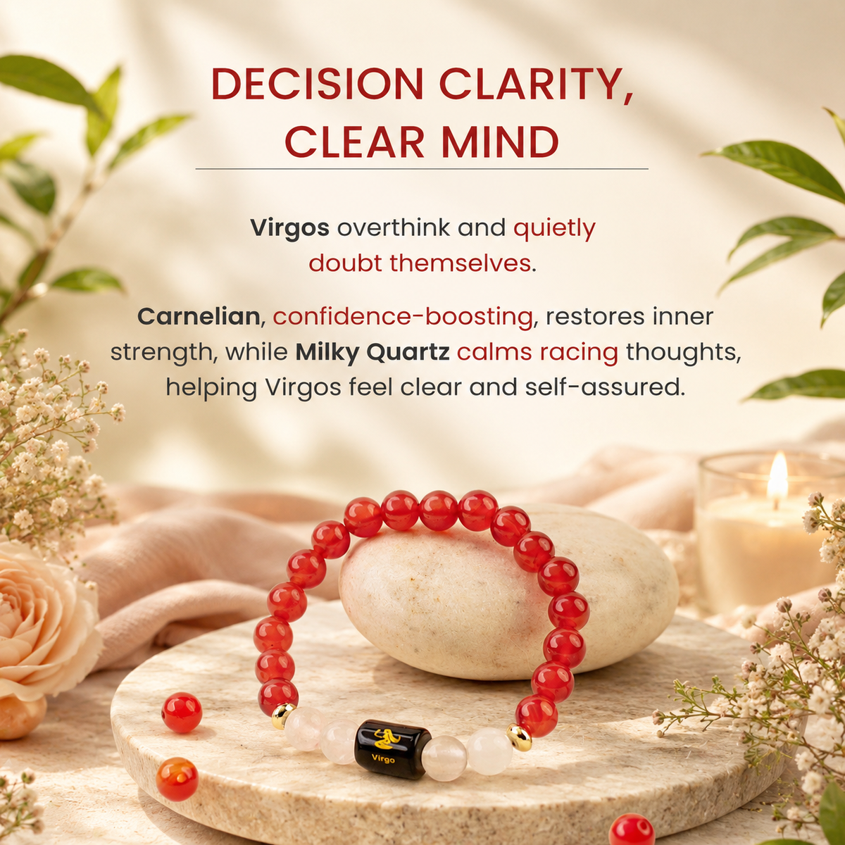 Virgo (कन्या राशि) Zodiac Carnelian & Milky Quartz Bracelet (Bracelet + Free Raw Selenite Tray/Plate)