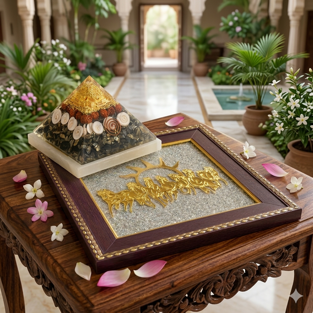 Royal Prosperity Combo – 7 Horses Pyrite Frame + Money Magnet Pyramid + Selenite Tray