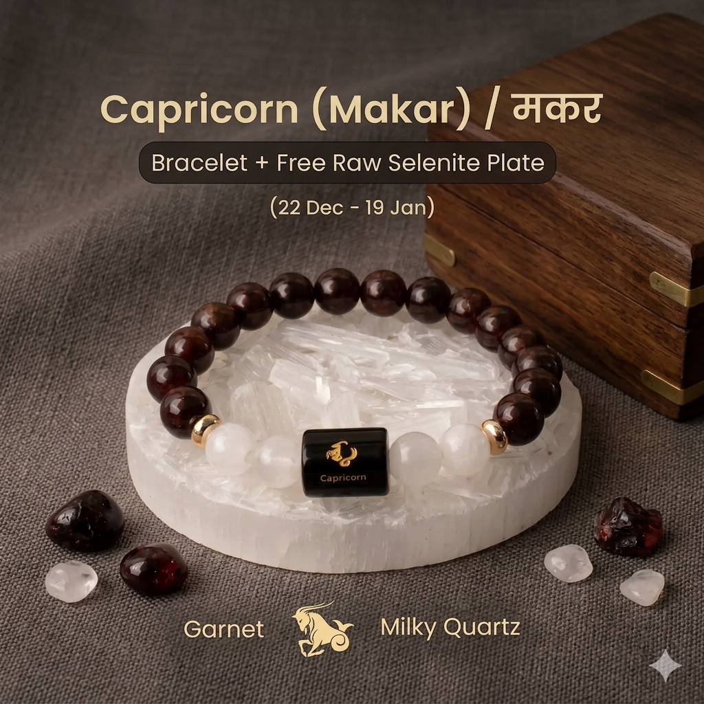 Capricorn (मकर राशि) Zodiac Garnet & Milky Quartz Bracelet (With FREE Raw Selenite Tray ✨)