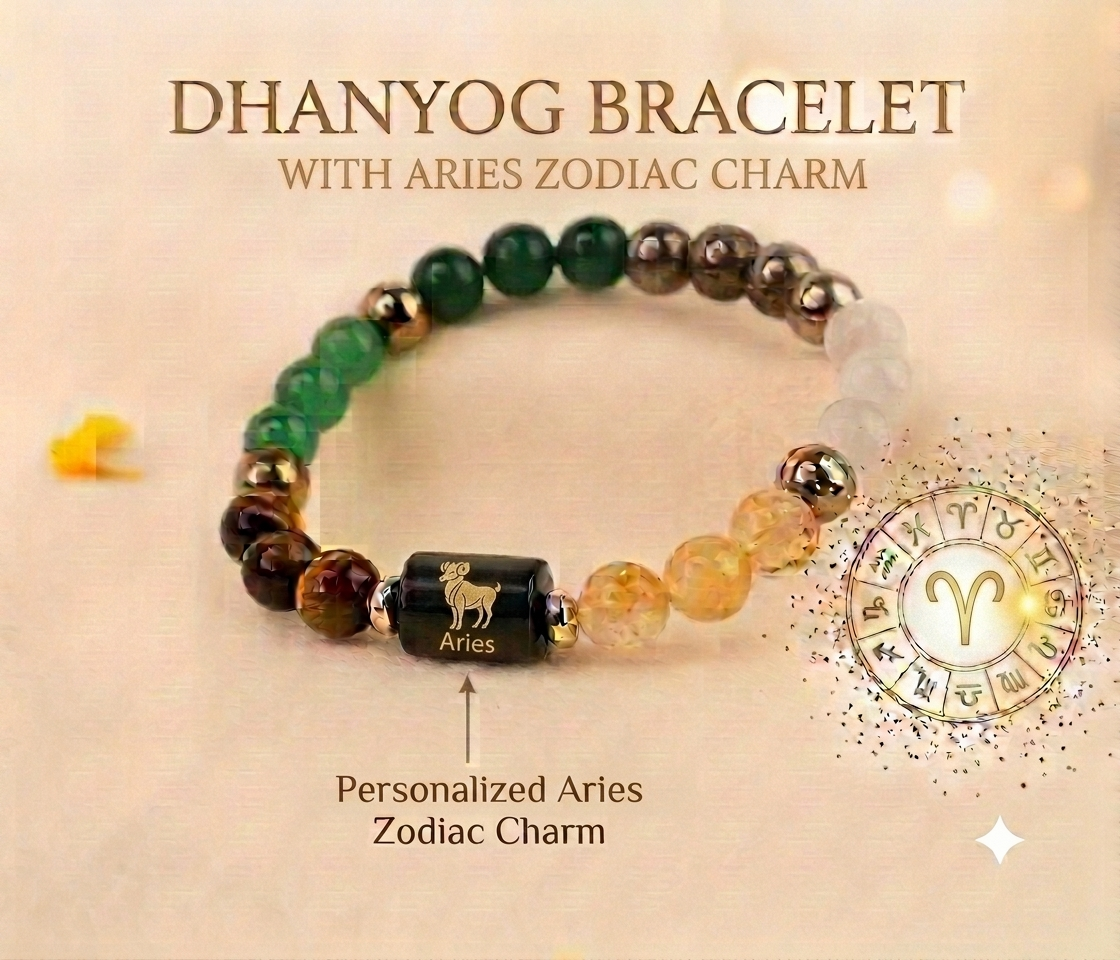 Dhan Yog Bracelet with Personalized Zodiac Charm with a FREE Raw Selenite Charging Plate