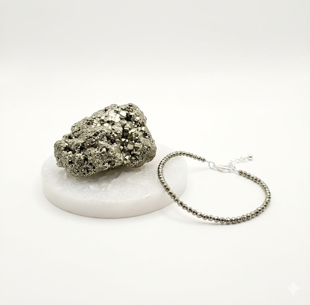 Oracle Horizon – Raw Pyrite Abundance Combo ✨ Pyrite Anklet + Raw Pyrite Stone | FREE Selenite Cleansing Tray
