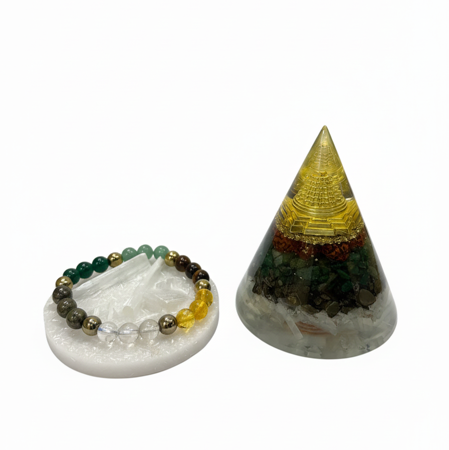 Dhanyog Energy Manifestation Combo Raw Selenite Tray • Dhanyog Bracelet • Energy Cone