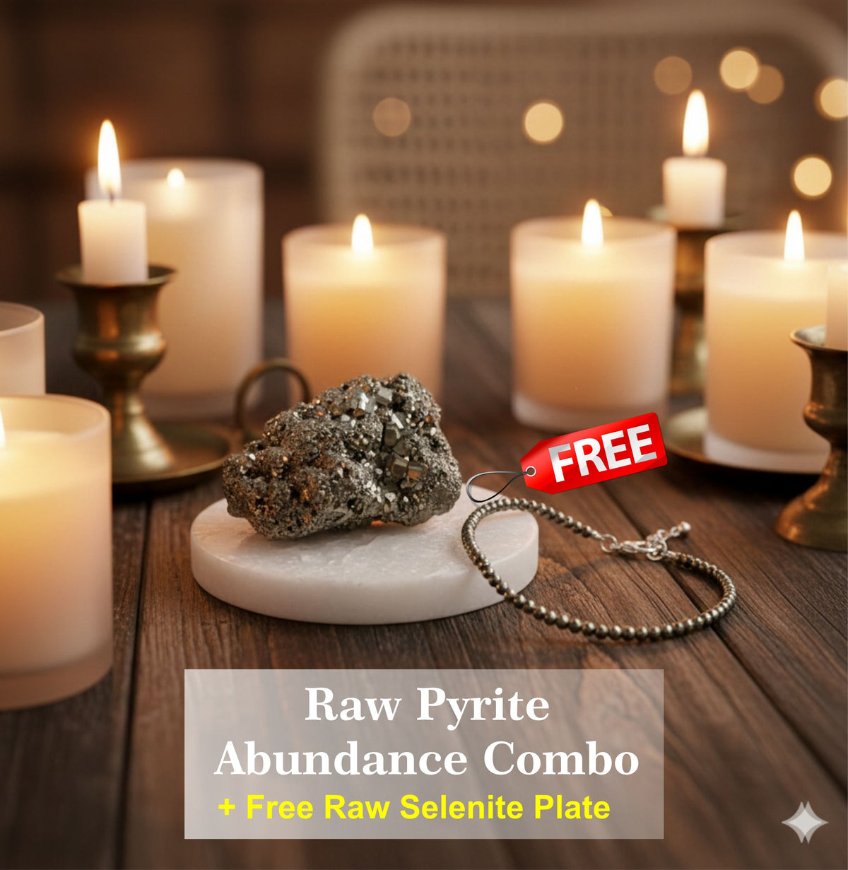 Oracle Horizon – Raw Pyrite Abundance Combo ✨ Pyrite Anklet + Raw Pyrite Stone | FREE Selenite Cleansing Tray