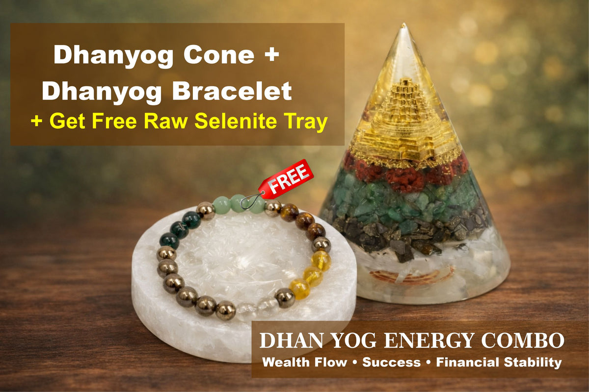Dhanyog Wealth Harmony Combo (Dhanyog Bracelet + Money Magnet Cone Pyramid + Raw Selenite Tray)