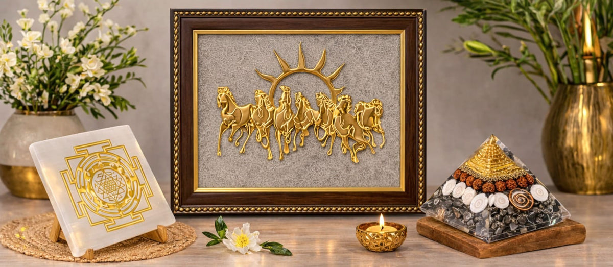 Prosperity Energy Combo - 7 Horse Pyrite Frame (14" X 14") + Money Magnet Pyramid + Selenite Tray