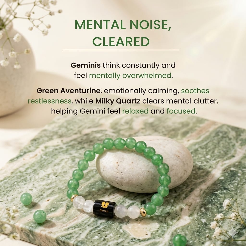 Gemini (मिथुन राशि) Zodiac Green Aventurine & Milky Quartz Bracelet (Bracelet + FREE Raw Selenite Tray ✨)