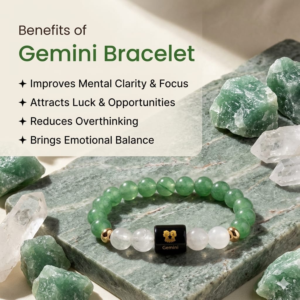 Gemini (मिथुन राशि) Zodiac Green Aventurine & Milky Quartz Bracelet (Bracelet + FREE Raw Selenite Tray ✨)