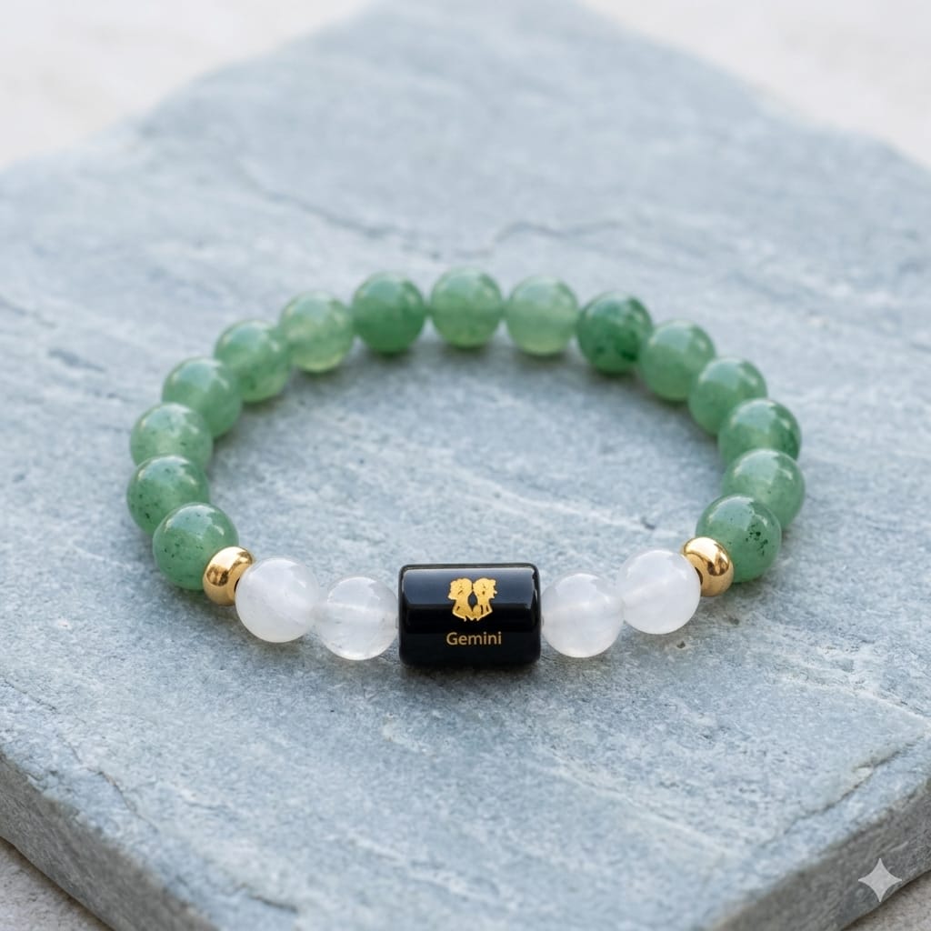 Gemini (मिथुन राशि) Zodiac Green Aventurine & Milky Quartz Bracelet (Bracelet + FREE Raw Selenite Tray ✨)