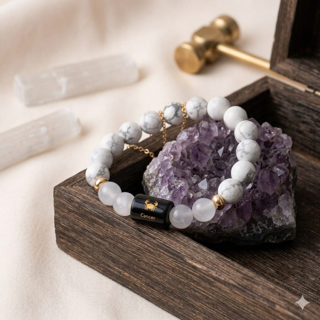 Cancer (कर्क राशि) Zodiac Howlite & Milky Quartz Bracelet (Bracelet + Free Raw Selenite Tray ✨)