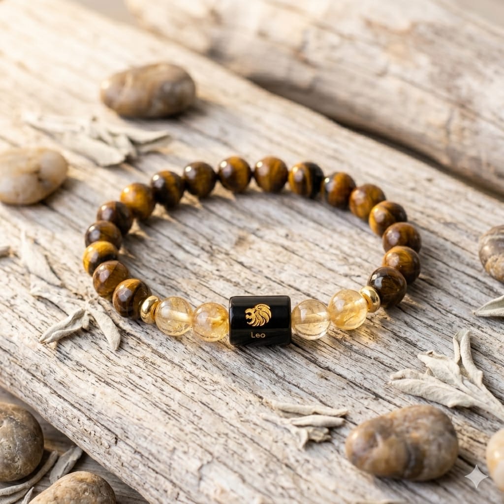 Leo (सिंह राशि) Zodiac Tiger Eye & Citrine Bracelet (Bracelet + FREE Raw Selenite Tray)
