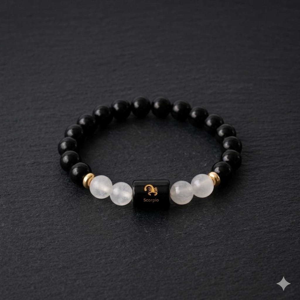 Scorpio (वृश्चिक राशि) Zodiac Black Obsidian & Milky Quartz Bracelet (Bracelet + FREE Raw Selenite Tray ✨)