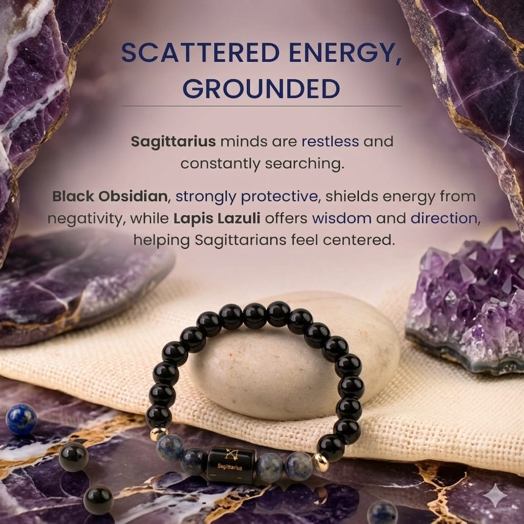Sagittarius (धनु राशि) Zodiac Black Obsidian & Lapis Lazuli Bracelet (Bracelet + Free Raw Selenite Tray/Plate ✨)