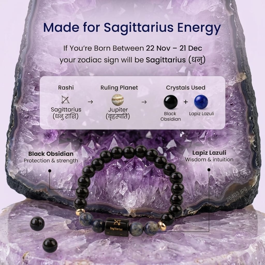 Sagittarius (धनु राशि) Zodiac Black Obsidian & Lapis Lazuli Bracelet (Bracelet + Free Raw Selenite Tray/Plate ✨)