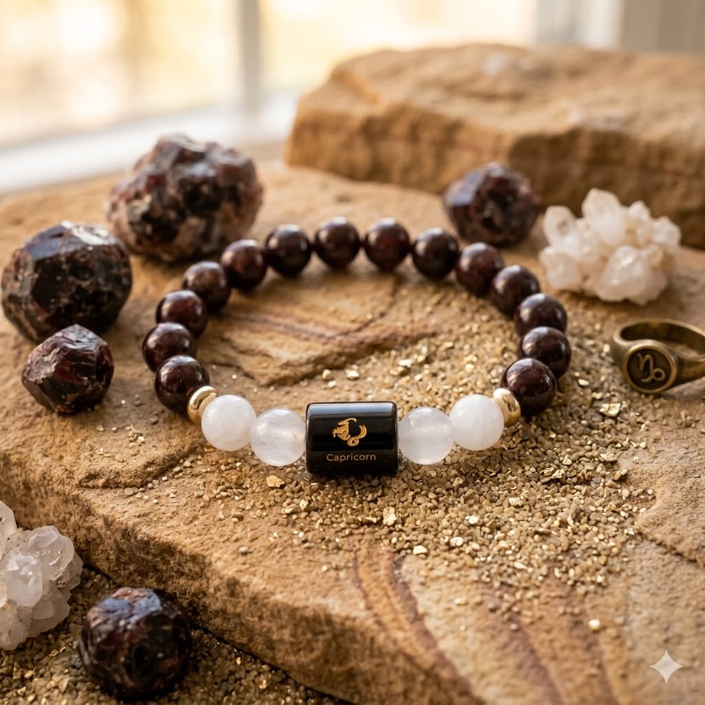 Capricorn (मकर राशि) Zodiac Garnet & Milky Quartz Bracelet (With FREE Raw Selenite Tray ✨)