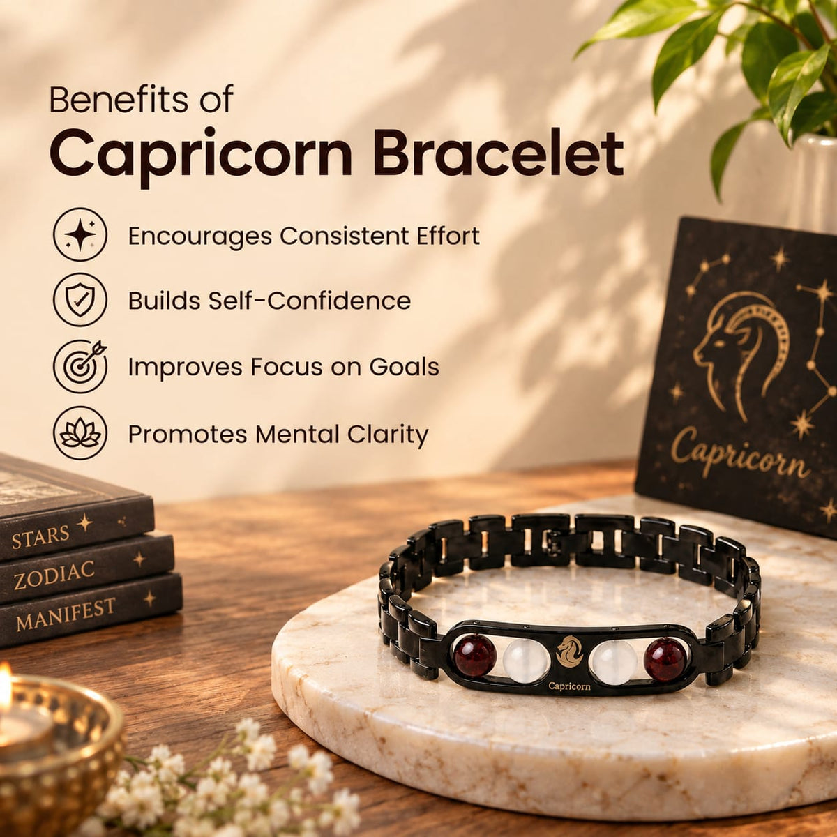 Capricorn Zodiac Metal Bracelet with Free Raw Selenite Plate