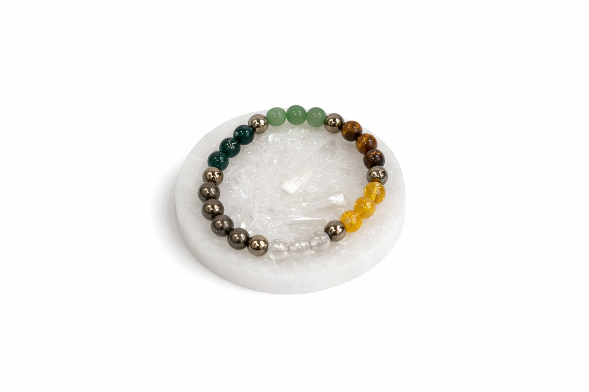 Dhanyog Energy Manifestation Combo Raw Selenite Tray • Dhanyog Bracelet • Energy Cone