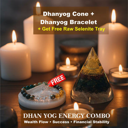 Dhanyog Energy Manifestation Combo  Raw Selenite Tray • Dhanyog Bracelet • Energy Cone