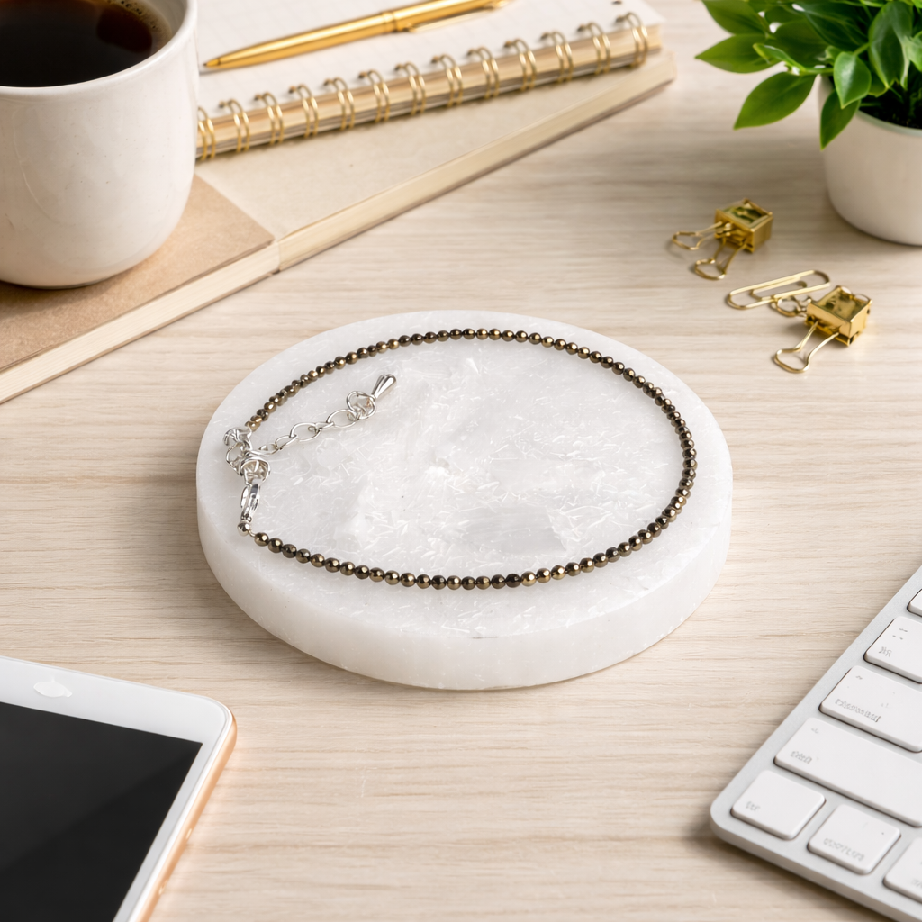 Oracle Horizon – Raw Pyrite Prosperity Combo ✨ Pyrite Anklet + FREE Selenite Charging Tray