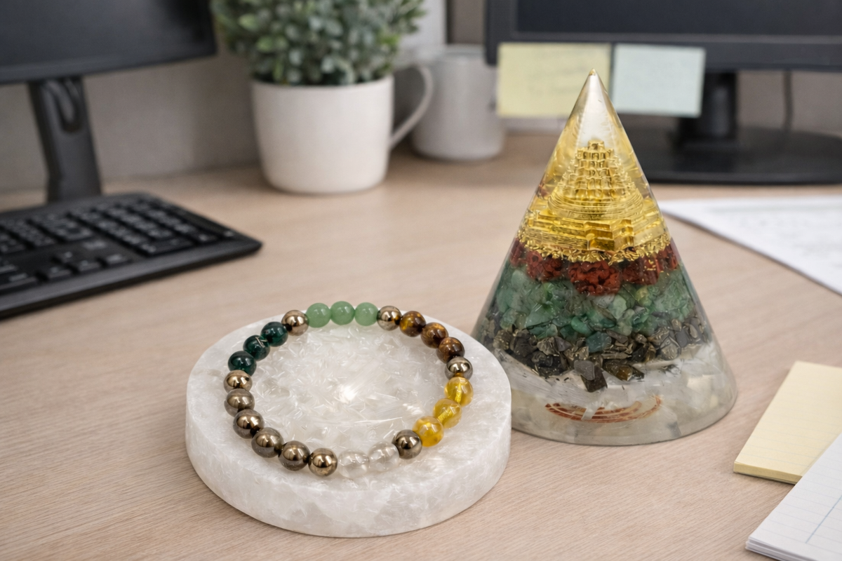 Dhanyog Wealth Harmony Combo  (Dhanyog Bracelet + Money Magnet Cone Pyramid + Raw Selenite Tray)