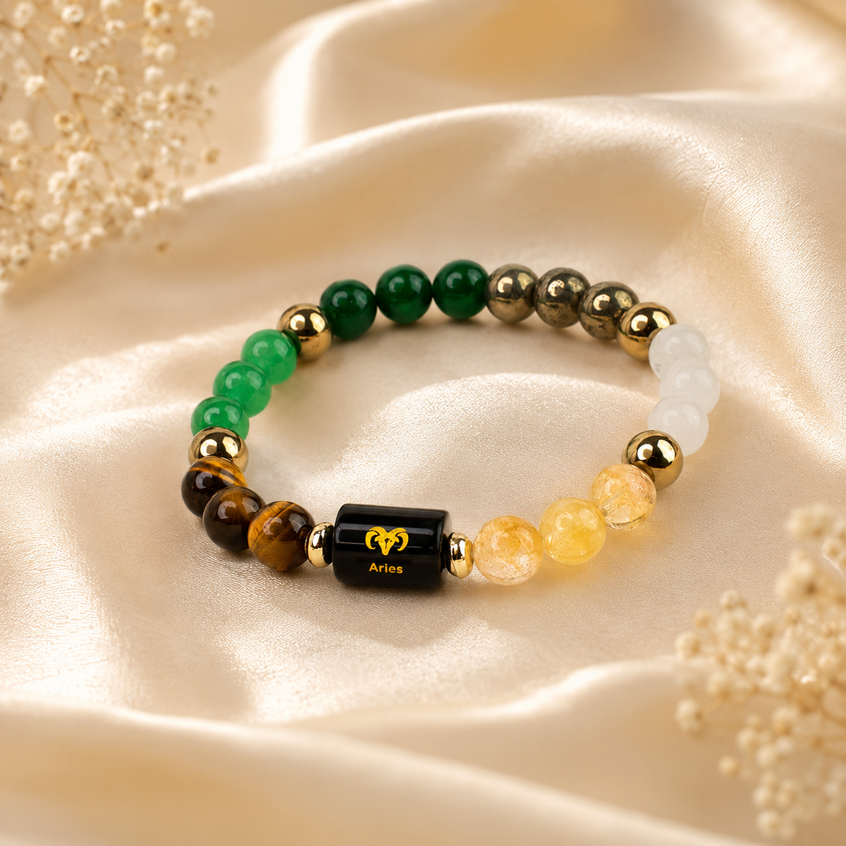 Dhan Yog Bracelet with Personalized Zodiac Charm with a FREE Raw Selenite Charging Plate