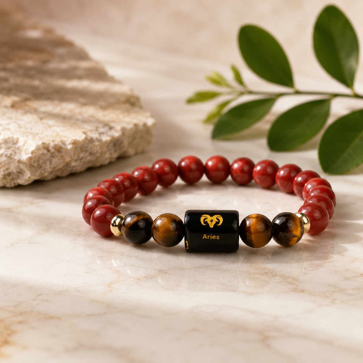 Aries Zodiac Red Jasper & Tiger Eye Bracelet (Bracelet + FREE Raw Selenite Plate ✨)