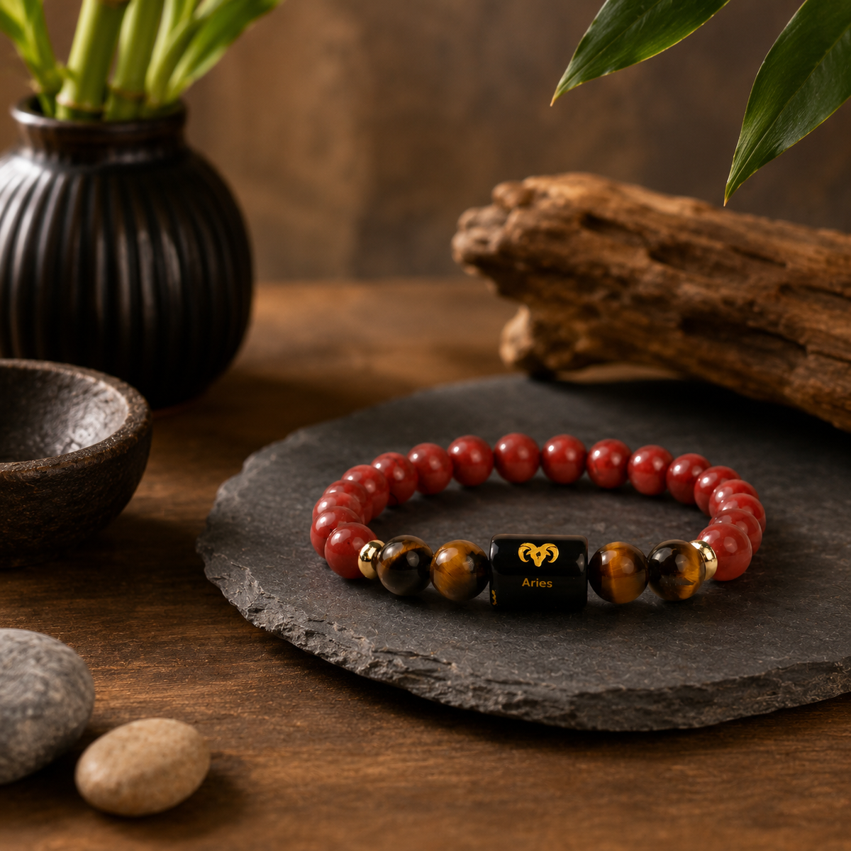 Aries Zodiac Red Jasper & Tiger Eye Bracelet (Bracelet + FREE Raw Selenite Plate ✨)