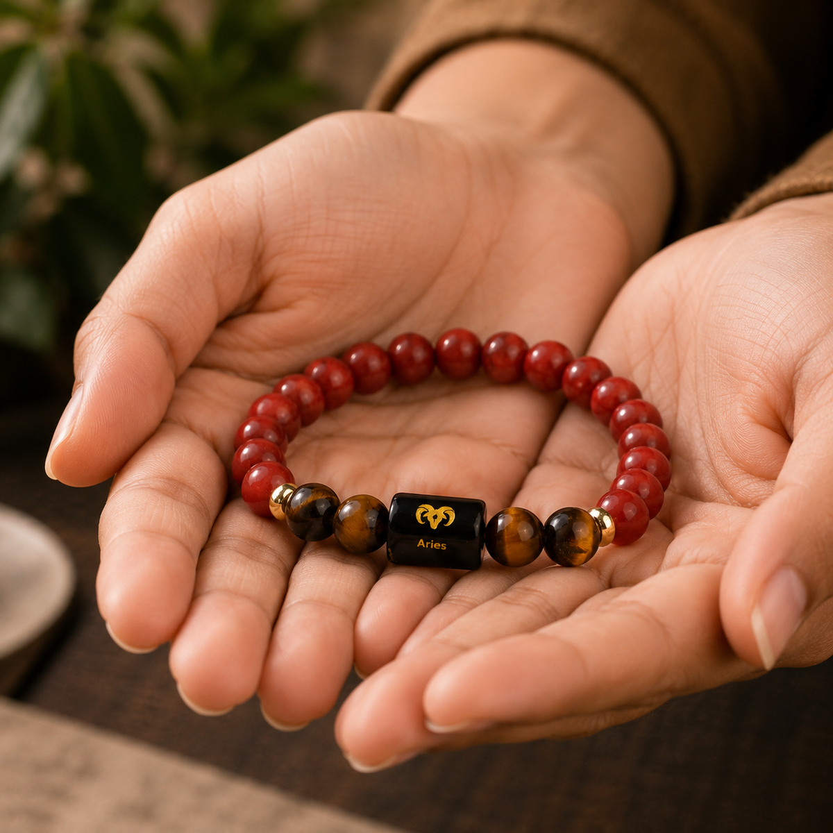 Aries Zodiac Red Jasper & Tiger Eye Bracelet (Bracelet + FREE Raw Selenite Plate ✨)