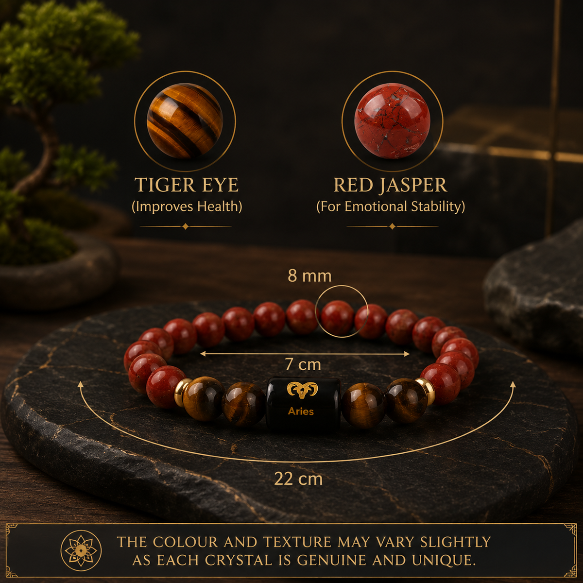 Aries Zodiac Red Jasper & Tiger Eye Bracelet (Bracelet + FREE Raw Selenite Plate ✨)
