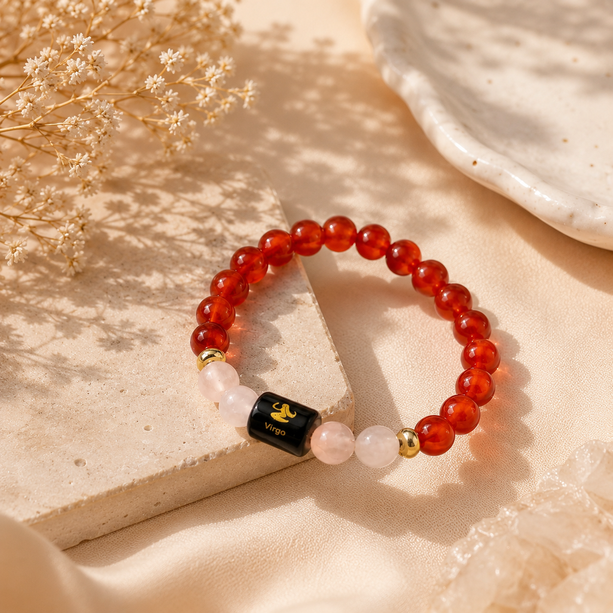 Virgo (कन्या राशि) Zodiac Carnelian & Milky Quartz Bracelet  (Bracelet + Free Raw Selenite Tray/Plate)