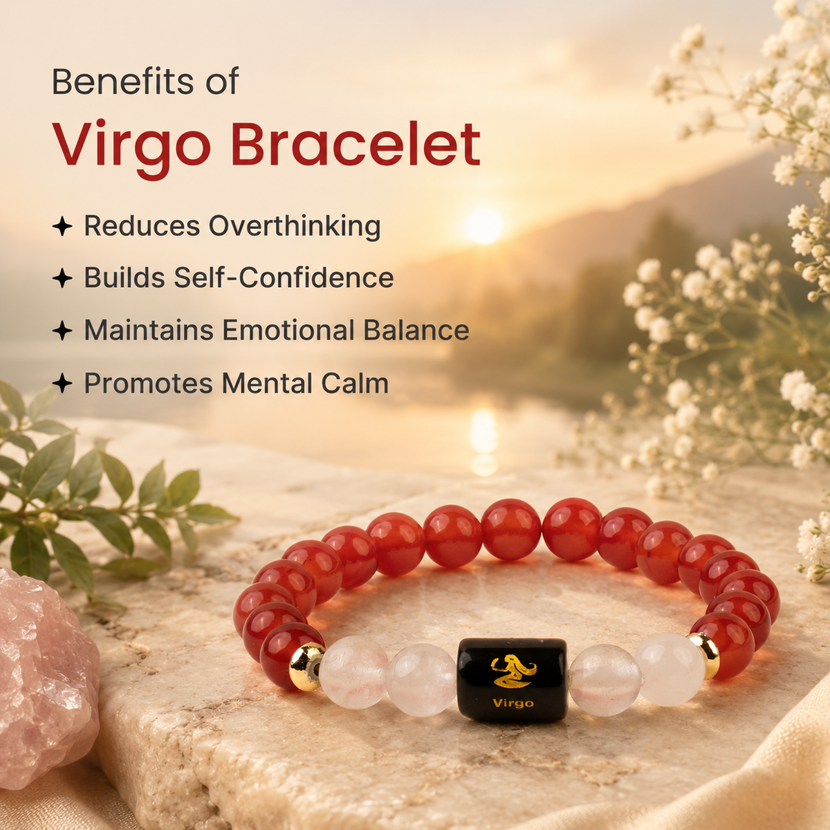 Virgo (कन्या राशि) Zodiac Carnelian & Milky Quartz Bracelet  (Bracelet + Free Raw Selenite Tray/Plate)