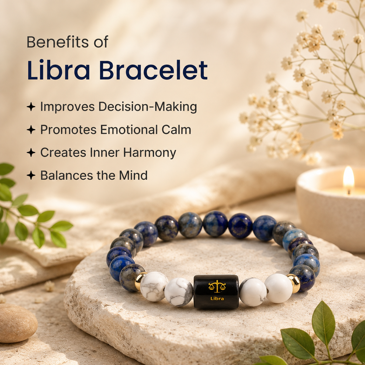 Libra (तुला राशि) Zodiac Lapis Lazuli & Howlite Bracelet (Bracelet + Free Raw Selenite Tray ✨)