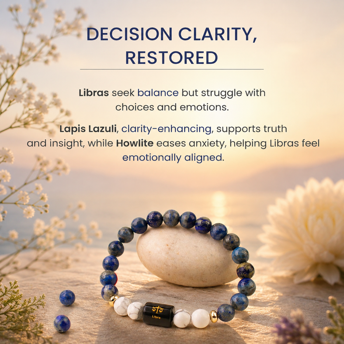 Libra (तुला राशि) Zodiac Lapis Lazuli & Howlite Bracelet (Bracelet + Free Raw Selenite Tray ✨)