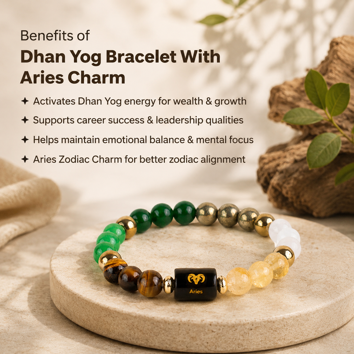 Dhan Yog Bracelet with Personalized Zodiac Charm with a FREE Raw Selenite Charging Plate