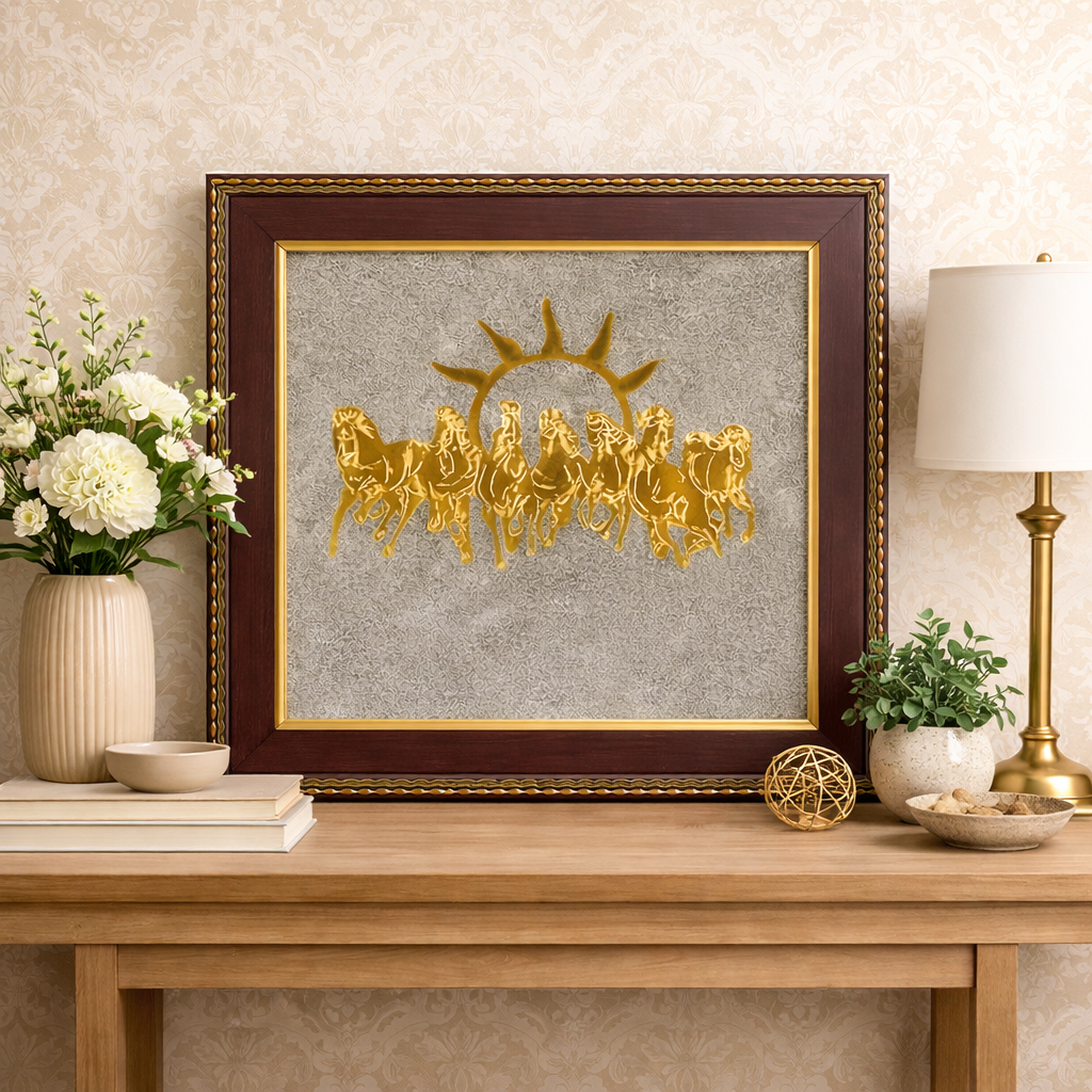 Prosperity Energy Combo - 7 Horse Pyrite Frame (14" X 14") + Money Magnet Pyramid + Selenite Tray
