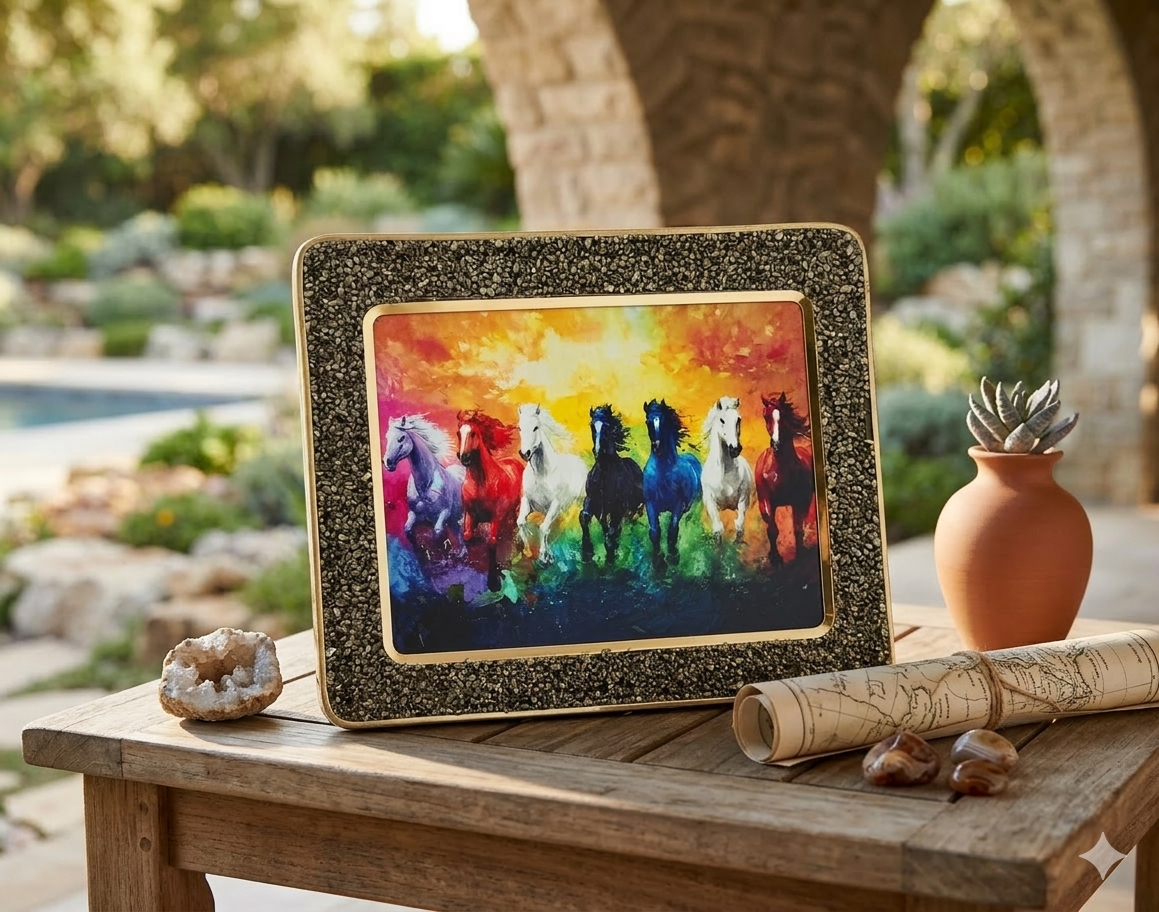 7 Horse Pyrite Frame – Prosperity &amp; Success Decor