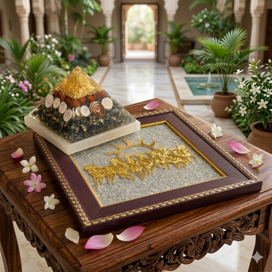 Royal Prosperity Combo – 7 Horses Pyrite Frame + Money Magnet Pyramid + Selenite Tray