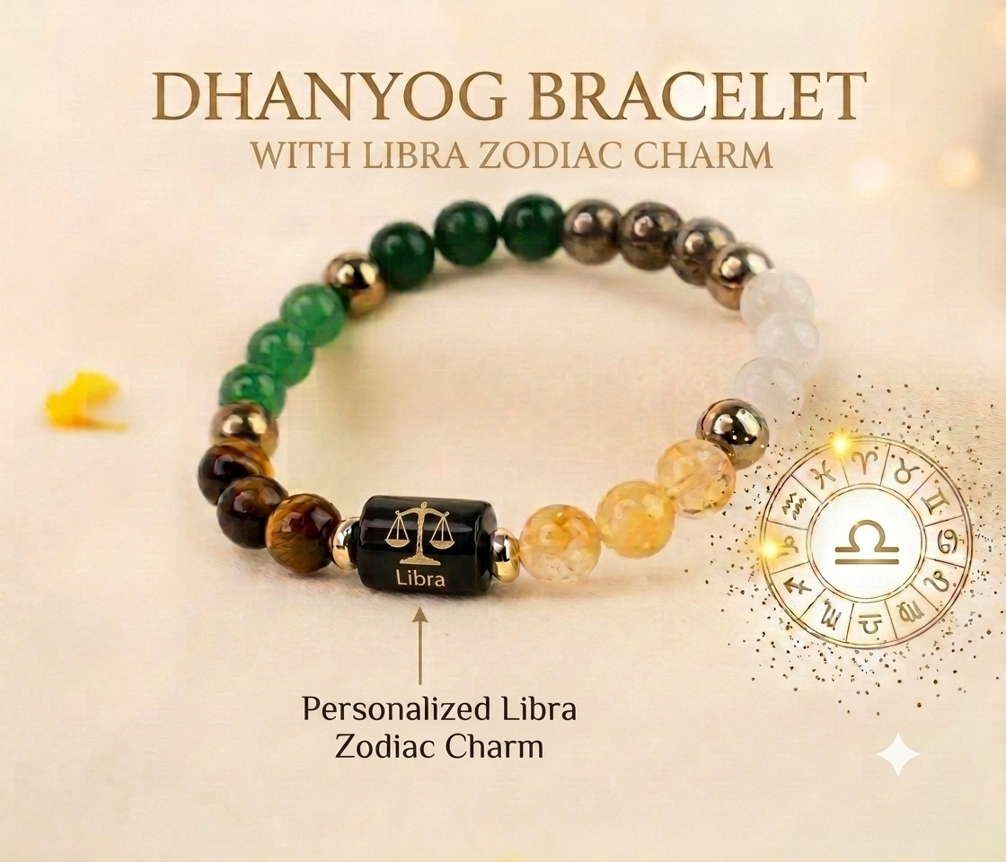 Dhan Yog Bracelet with Personalized Zodiac Charm 🎁 Get a FREE Raw Selenite Charging Plate & FREE DhanYog Self-Charging Cone (Worth ₹999) with Every Bracelet.