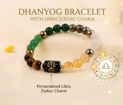 Dhan Yog Bracelet with Personalized Zodiac Charm 🎁 Get a FREE Raw Selenite Charging Plate & FREE DhanYog Self-Charging Cone (Worth ₹999) with Every Bracelet.