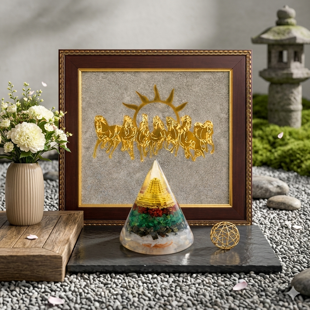 Money Attraction Power Combo - 7 Horse Pyrite Frame (14" X 14") + Money Magnet Cone