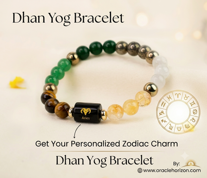Dhan Yog Bracelet with Personalized Zodiac Charm 🎁 Get a FREE Raw Selenite Charging Plate & FREE DhanYog Self-Charging Cone (Worth ₹999) with Every Bracelet.