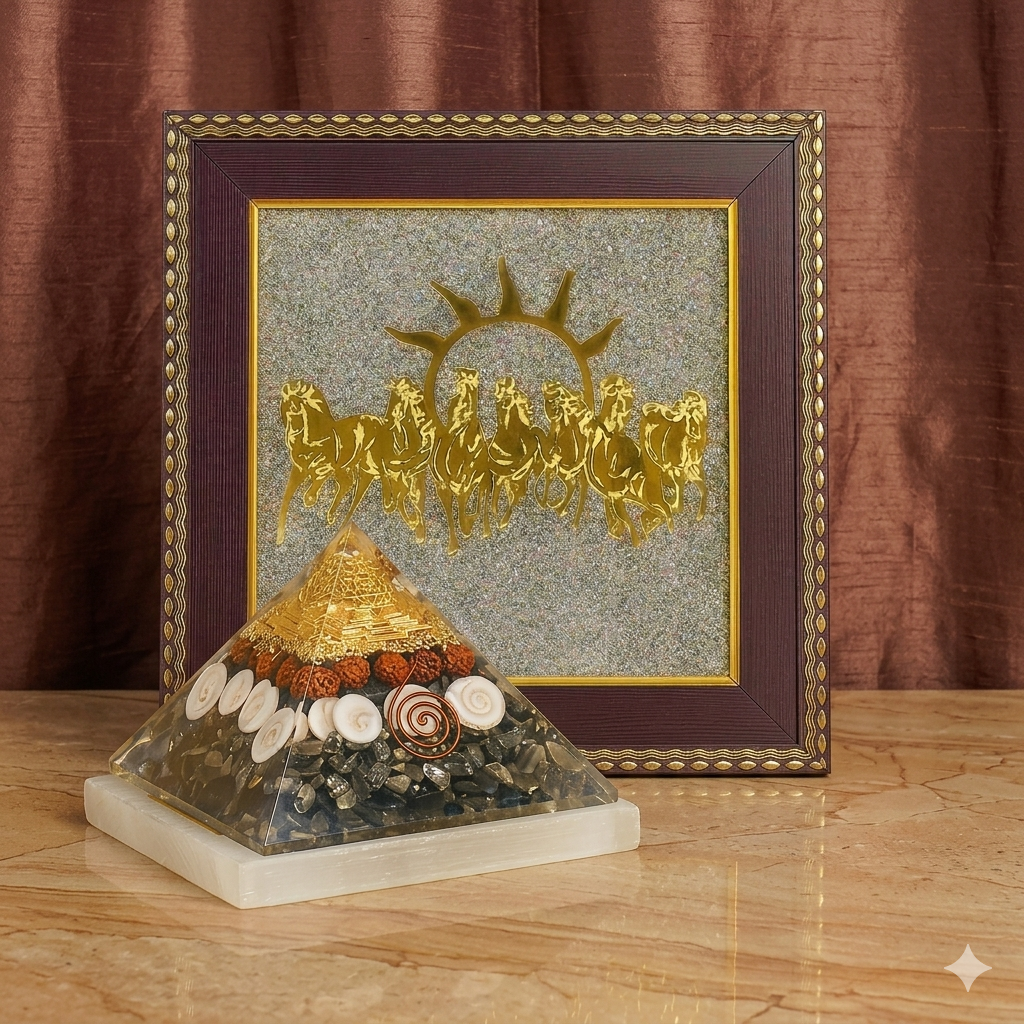 Royal Prosperity Combo – 7 Horses Pyrite Frame + Money Magnet Pyramid + Selenite Tray