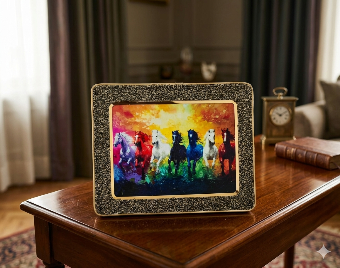 7 Horse Pyrite Frame – Prosperity &amp; Success Decor