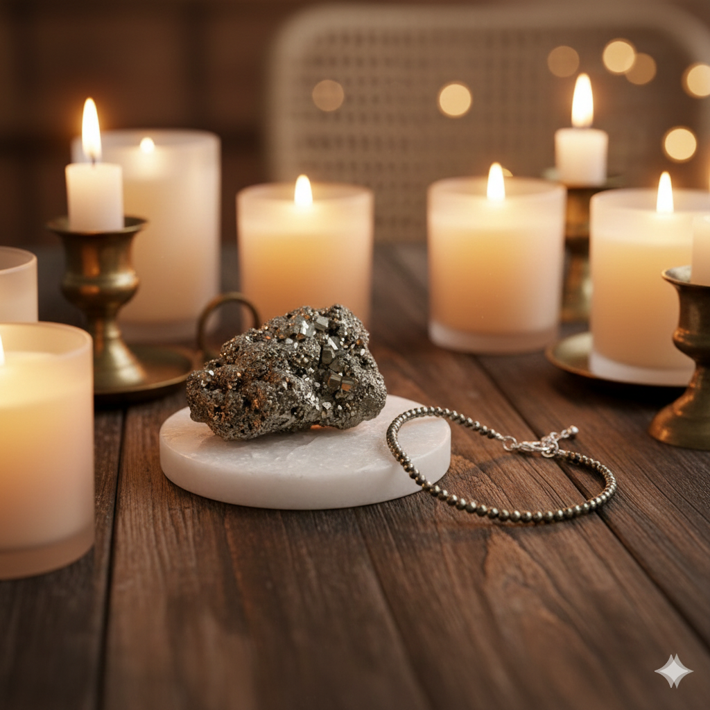Oracle Horizon – Raw Pyrite Abundance Combo ✨ Pyrite Anklet + Raw Pyrite Stone | FREE Selenite Cleansing Tray