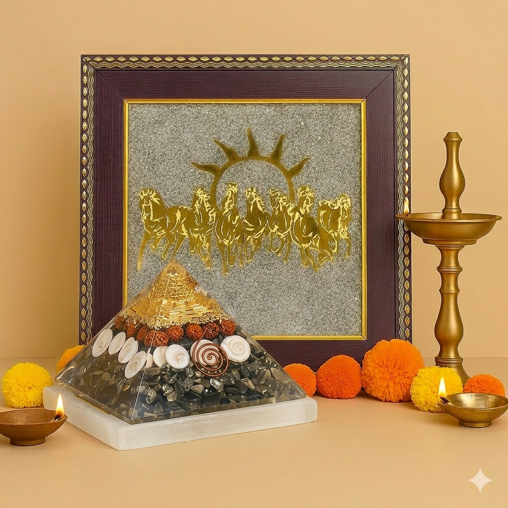 Royal Prosperity Combo – 7 Horses Pyrite Frame + Money Magnet Pyramid + Selenite Tray