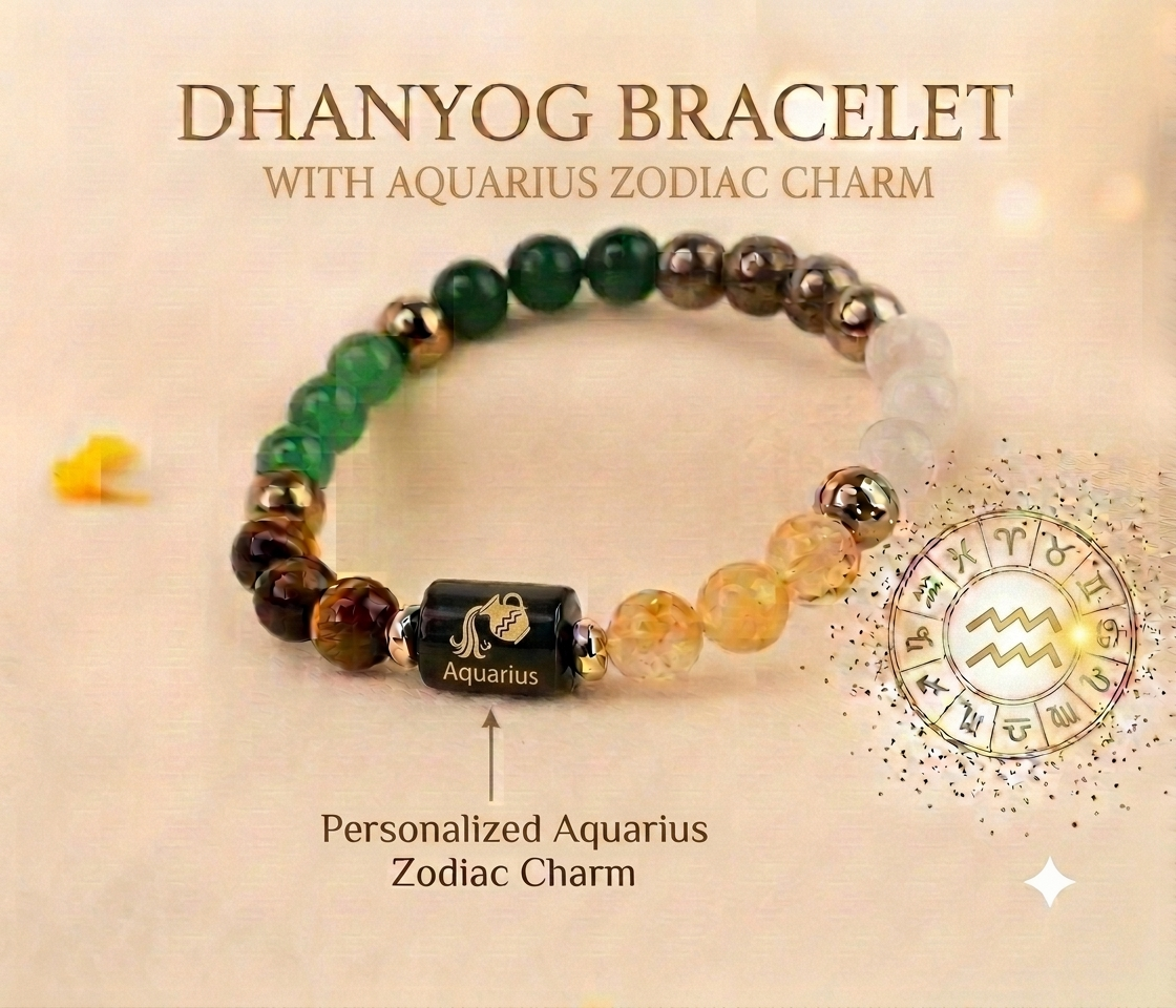 Dhan Yog Bracelet with Personalized Zodiac Charm 🎁 Get a FREE Raw Selenite Charging Plate & FREE DhanYog Self-Charging Cone (Worth ₹999) with Every Bracelet.