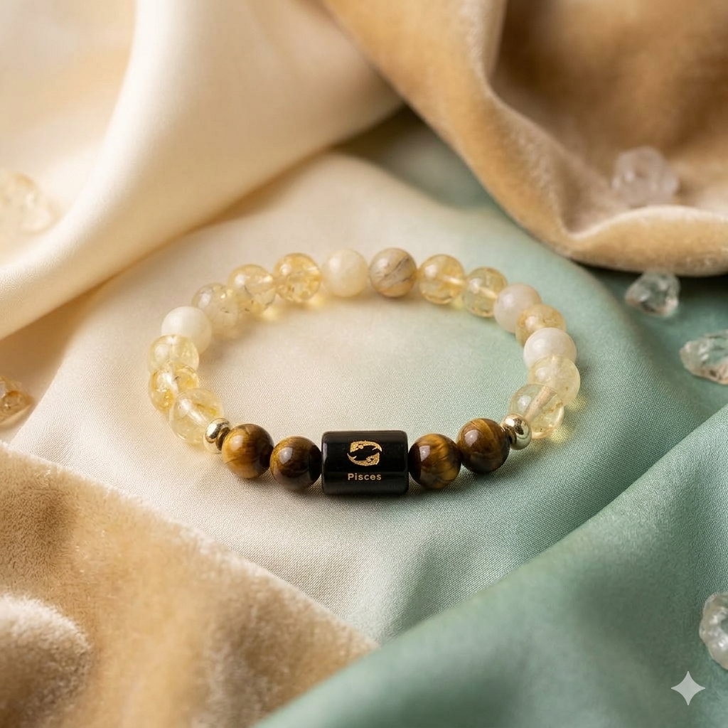 Pisces (मीन राशि) Zodiac Citrine & Tiger Eye Bracelet (Bracelet + Free Raw Selenite Tray ✨)